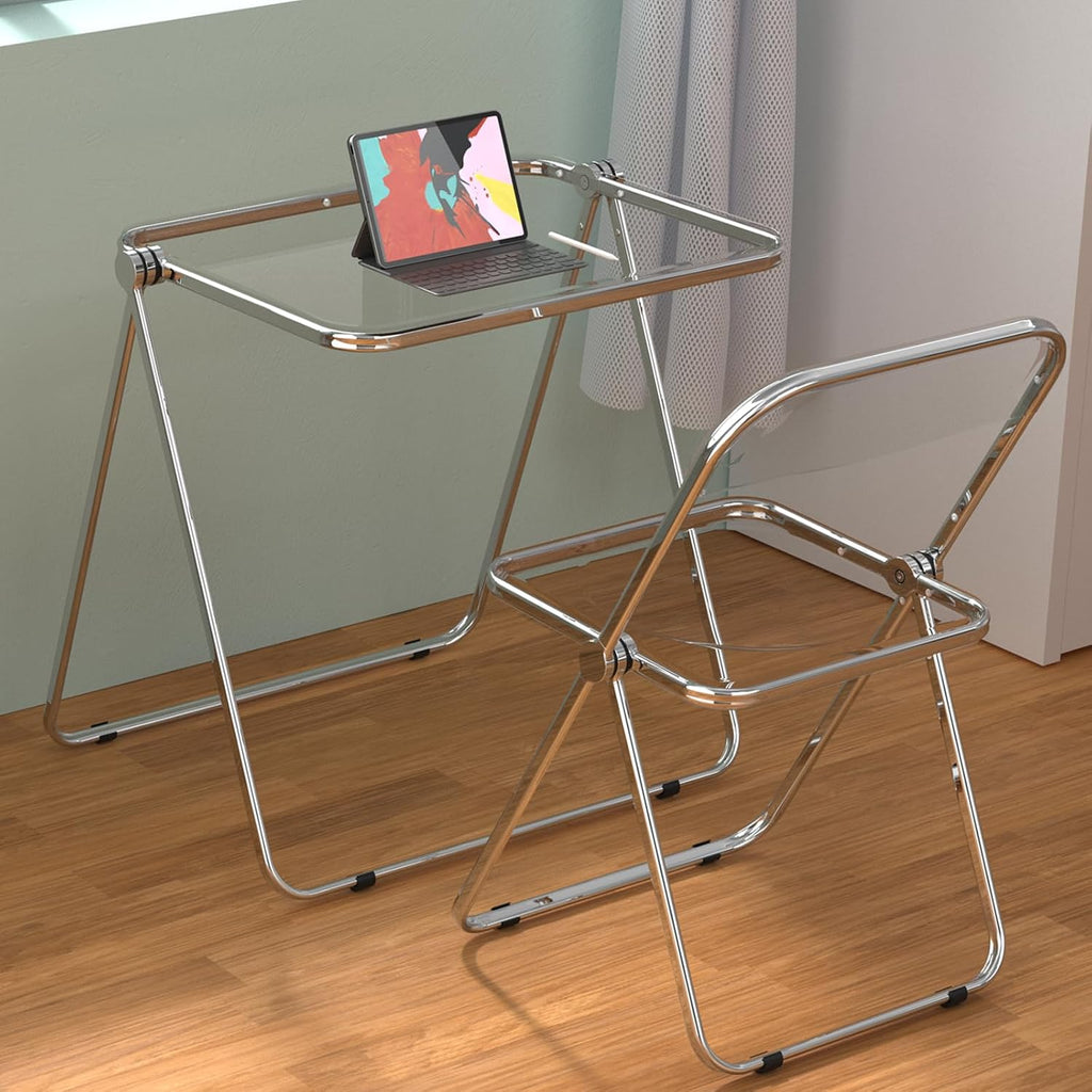 VINGLI Folding Acrylic Table and Chair Set Small TV Tray for Snack Dinner on Couch, Tiny Foldable Desk Writing Desk for Home Office for Small Spaces
