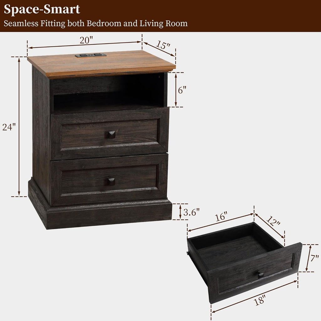 Night Stand with Charging Station, Bedside Table with 2 Drawers Storage and Open Shelf, Espresso Nightstand Set of 4 with Outlets, Wood Modern End Table for Bedroom Office