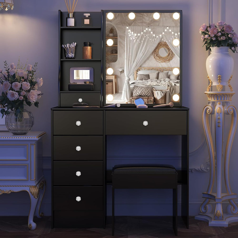 Umeiga Black Vanity Desk with Sliding Mirror and Lights, Small Makeup Vanity ...