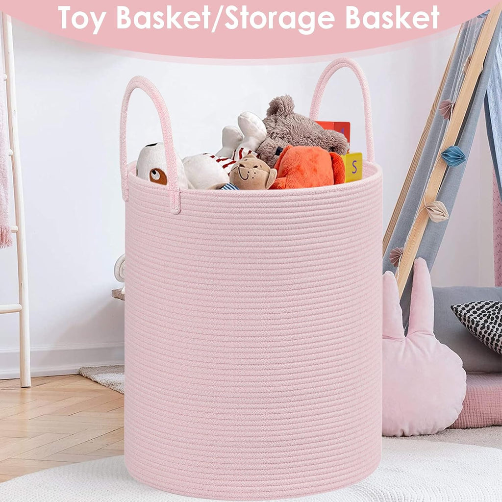 Cotton Rope Storage Basket with Handles, Large 60L Collapsible Laundry Hamper for Clothes, Sturdy Nursery Organizer Blanket Basket for Living Room,Toy Bin for Kids Bed Room,15"x15"x18",Pink