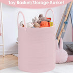 Cotton Rope Storage Basket with Handles, Large 60L Collapsible Laundry Hamper for Clothes, Sturdy Nursery Organizer Blanket Basket for Living Room,Toy Bin for Kids Bed Room,15"x15"x18",Pink