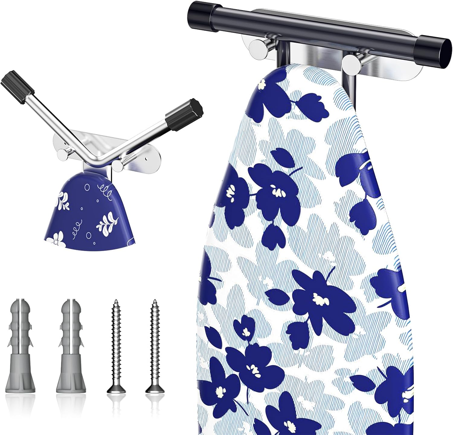 Ironing Board Holder Wall Mount,Ironing Board Hanger with Removable Hooks, Laundry Rooms Stainless Steel Ironing Boards Hook for Wall for Y or T Leg