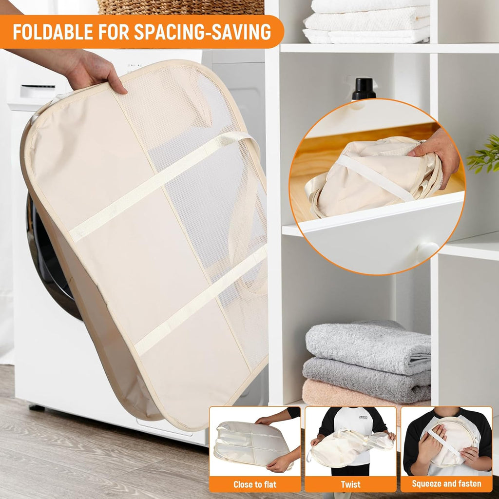Collapsible Laundry Baskets with Easy Carry Handles, 95L Clothes Hamper for Storage, Foldable Laundry Basket Tear-proof, Large Pop Up Hampers for Laundry, Bedroom, Bathroom, Dorm Beige