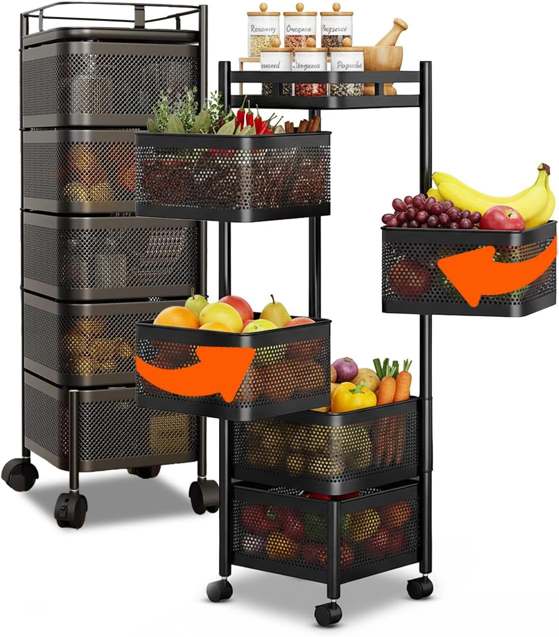 Avilia - Multipurpose Folding Trolley with Wheels with Large Baskets and Space-Saving Structure for Kitchen, Bathroom and Office, Folding Design with Brake Wheels (Black Square, 5 Baskets)