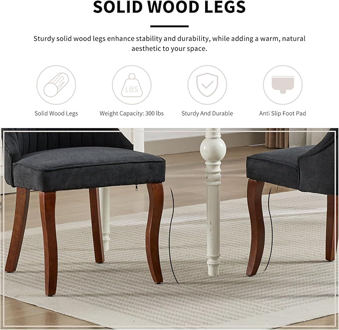 Modern Dining Chairs Set of 2, Mid Century Kitchen & Dining Room Chairs, Fabric Upholstered Kitchen Chairs with Wood Legs, Sillas de Comedor, Easy Assembly, Black, 2 Pieces
