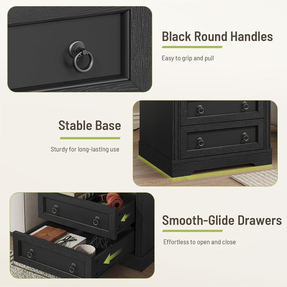 Farmhouse Nightstand with Charging Station, Wooden Bedside End Table with 2 D...