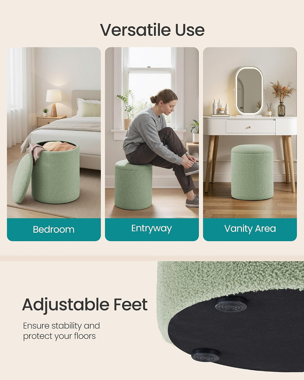SONGMICS Vanity Stool, Set of 2, Round Storage Ottoman, Small Ottoman Coffee Table, Foot Stool, Removable Lid, for Living Room, Bedroom, Hallway, Easy Assembly, Teddy Fleece, Laurel Green ULOM013CZ01