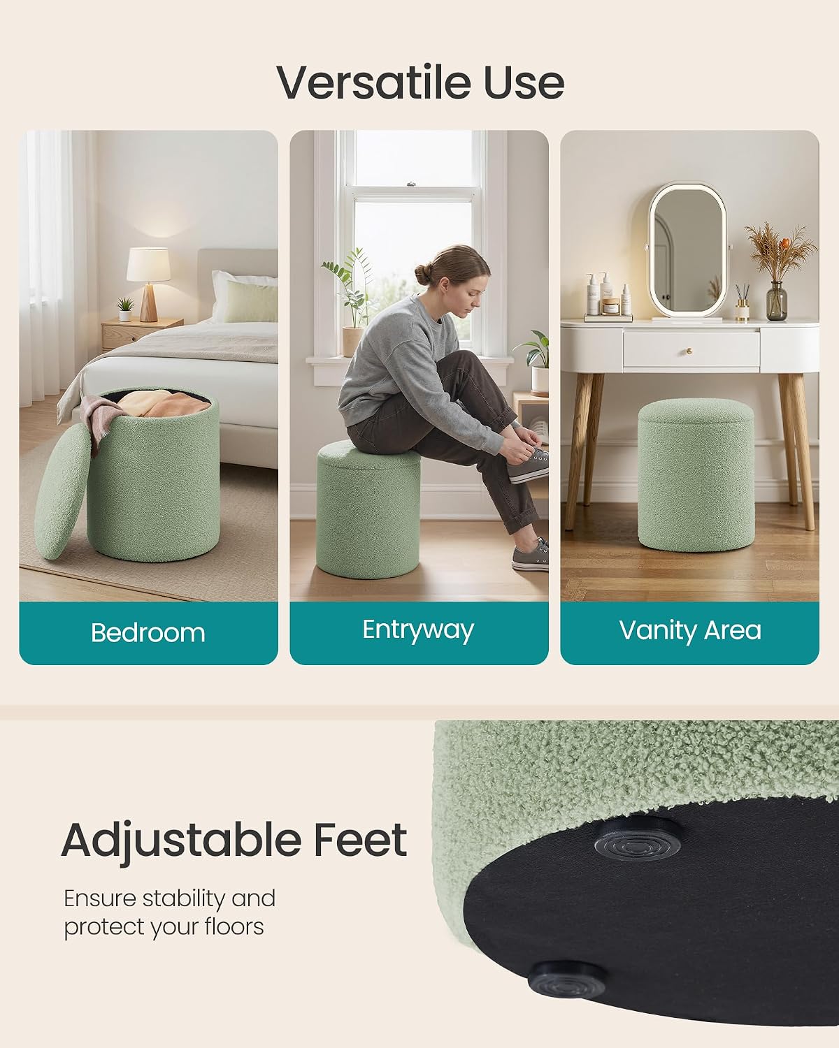 SONGMICS Vanity Stool, Set of 2, Round Storage Ottoman, Small Ottoman Coffee Table, Foot Stool, Removable Lid, for Living Room, Bedroom, Hallway, Easy Assembly, Teddy Fleece, Laurel Green ULOM013CZ01