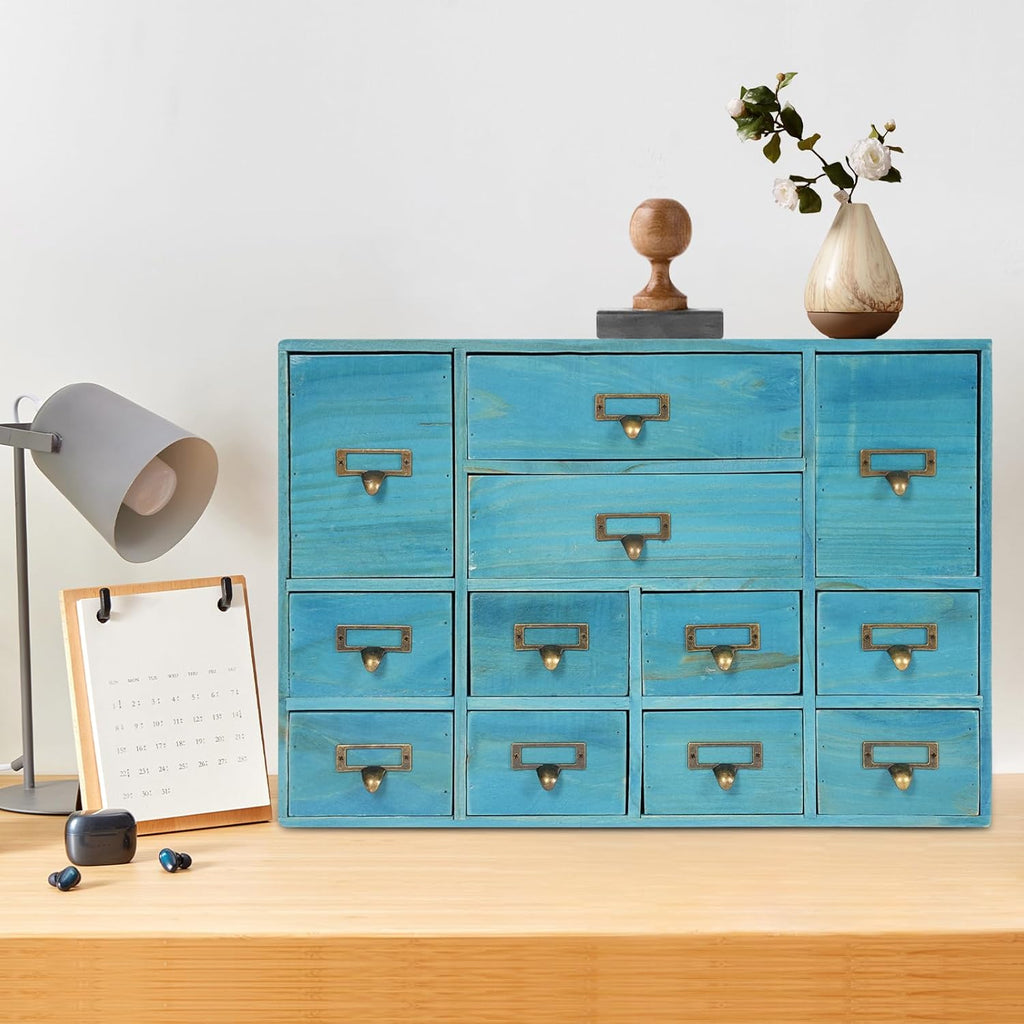 12-Drawer Wooden Storage Cabinet Organizer, Apothecary Cabinet Vintage Library Card Catalog Cabinets for Countertop Apothecary Tea Coffee Pod Storage (Blue)