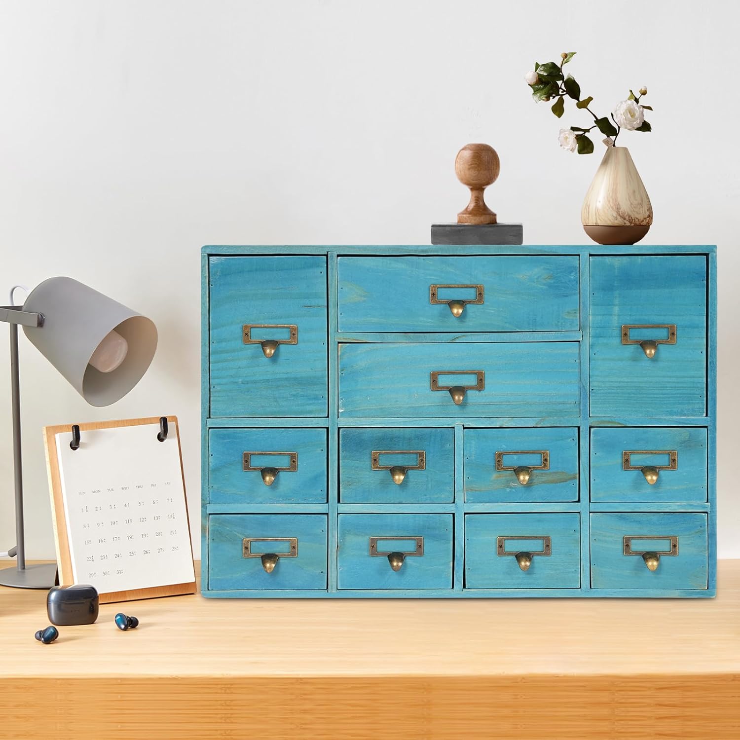 12-Drawer Wooden Storage Cabinet Organizer, Apothecary Cabinet Vintage Library Card Catalog Cabinets for Countertop Apothecary Tea Coffee Pod Storage (Blue)