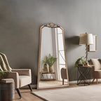 POZINO Brass Vintage Mirror,47.2"x 24" Arched Decorative Wall Mirror with Metal Frame, Ornate Gold Crown Molding, Traditional Antique Trapezoid Mirrors for Entryway Fireplace Living Room Bathroom