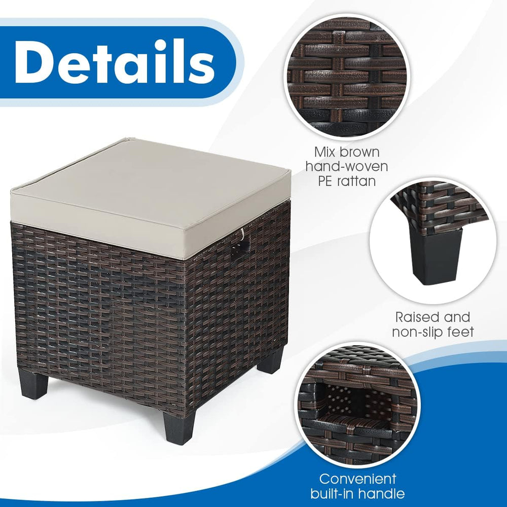 Set of 2 Outdoor Wicker Ottomans, All Weather Rattan Patio Footstool w/Remova...