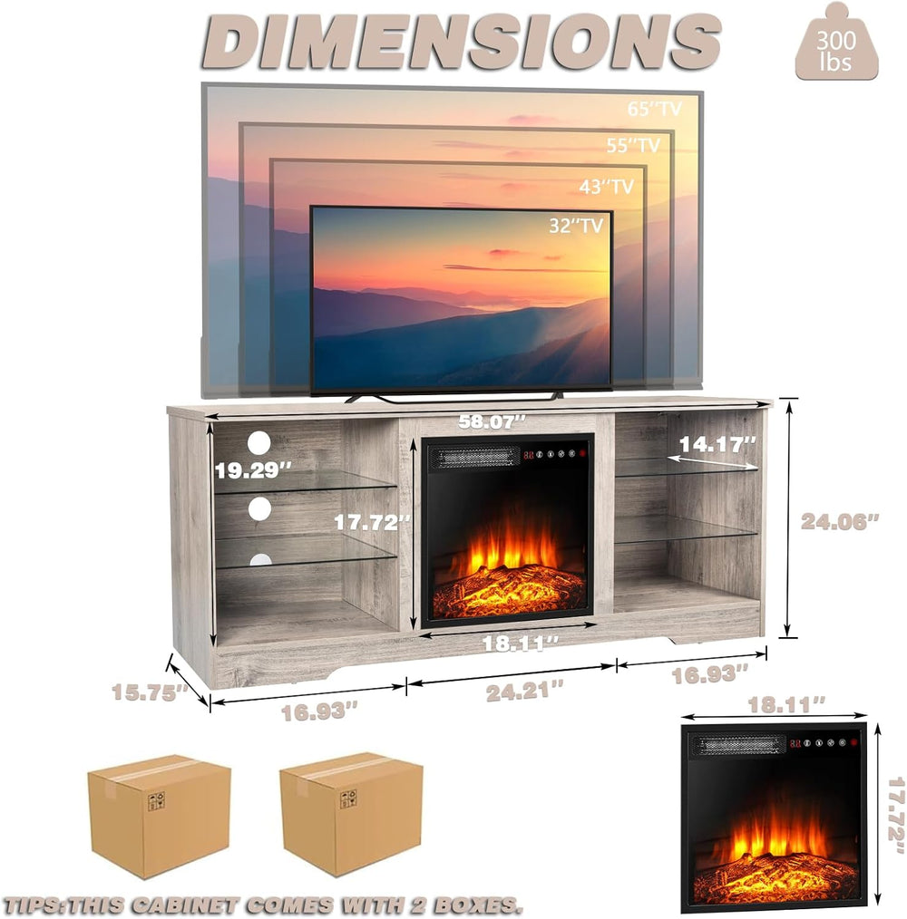 LEMBERI 58" Fireplace TV Stand for TVs up to 65", Gray | 18" e...