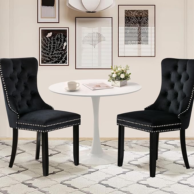 3-Pieces 31.5" Round Dining Table Set for 2, White Dining Table & 2 Velvet Upholstered Dining Chairs for Kitchen Dining Room Apartment Small Space(White Table & Black Chairs)