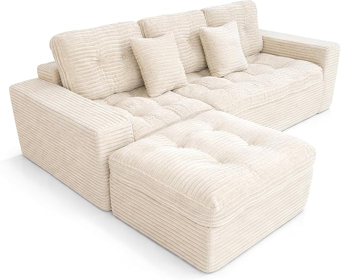 Eafurn 105" L-Shaped Boneless Modular Sectional Sofa with Movable Ottoman, Comfy Corduroy Floor Couch with Deep Seat and Tufted Seat, Flexible Module Combination for Living Room, No Assembly | Deep Seat, Wider Armrest, Free Combination, Tufted