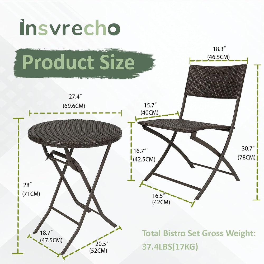 3 Pieces Folding Bistro Set PE Wicker Rattan Outdoor Patio Furniture Sets wit...