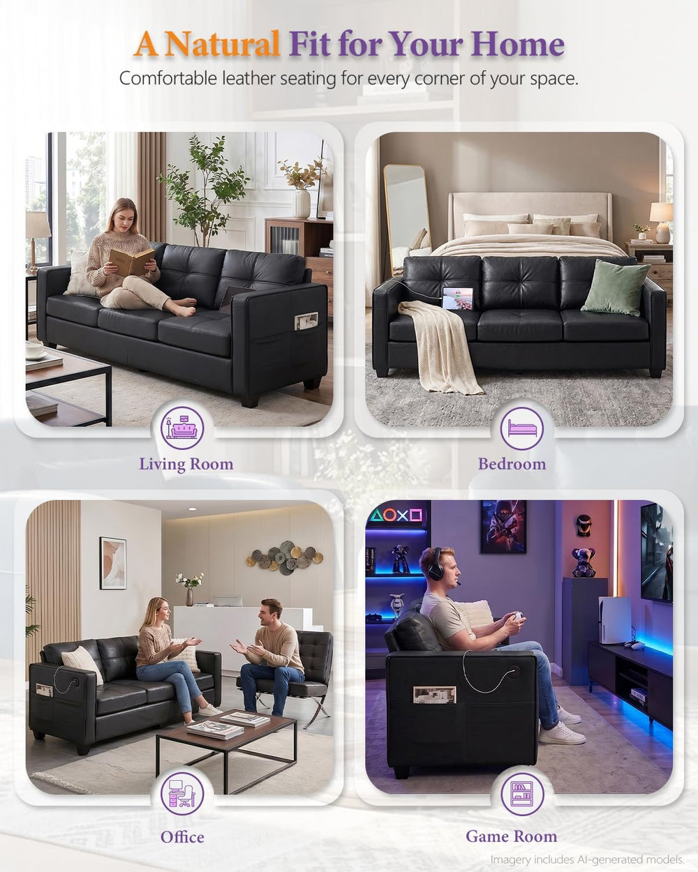 TYBOATLE 88'' Black Faux Leather Couch with USB, 3-Seater | Faux Leat...