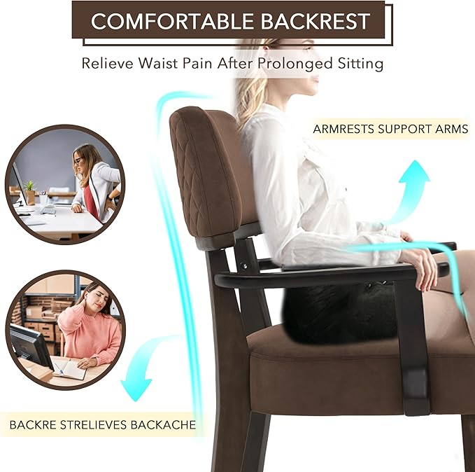 Modern Wood Dining Chairs with Arms, Velvet Upholstered Kitchen Chairs with Open Curved Backrest & Black Hardwood Legs, Accent Chairs 350 LBS Capacity, Brown