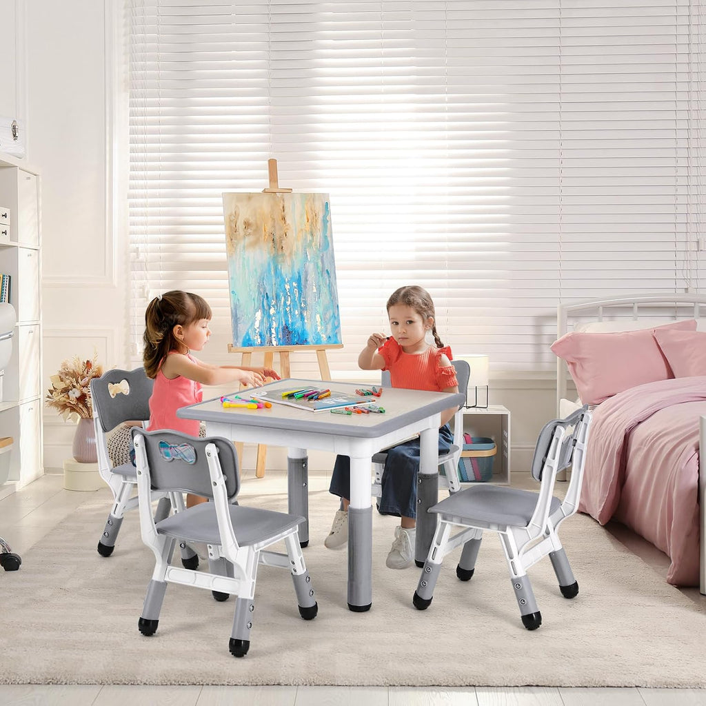 Arlopu Kids Table and 4 Chairs Set, Anti-Slip Toddler Activity Desk | Height Adjustable ((18.9"–23.6"), Wipe-Clean Desktop, Montessori Learning, Drawing, Classroom, Home & Daycare (Grey)