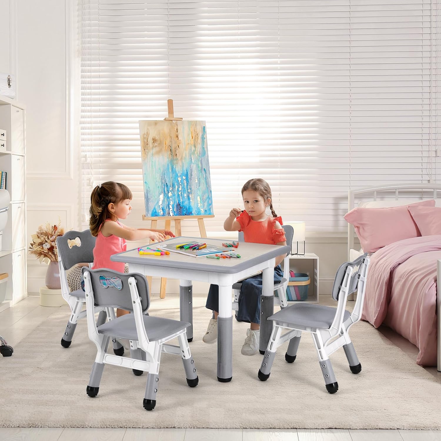 Arlopu Kids Table and 4 Chairs Set, Anti-Slip Toddler Activity Desk | Height Adjustable ((18.9"–23.6"), Wipe-Clean Desktop, Montessori Learning, Drawing, Classroom, Home & Daycare (Grey)