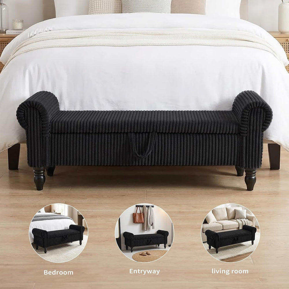 55" Corduroy Storage Ottoman Bench, Queen Bed, Black | End of Bed, Bedro...