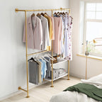 Gold Pipe Clothes Racks with White Shelves, Industrial Pipe Gold Clothing Rack with Double Hanging Rods, Heavy Duty Wall Mounted Clothing Rack Rod for Closet Storage, Bedroom