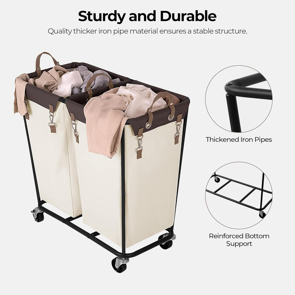 StorageWorks 280L Large Lanudry Hamper with Wheels, Laundry Basket with Wheels 2 Sections, Clothes Sorter Cart with Divider for Hotel, Home, Beige, 1-Pack