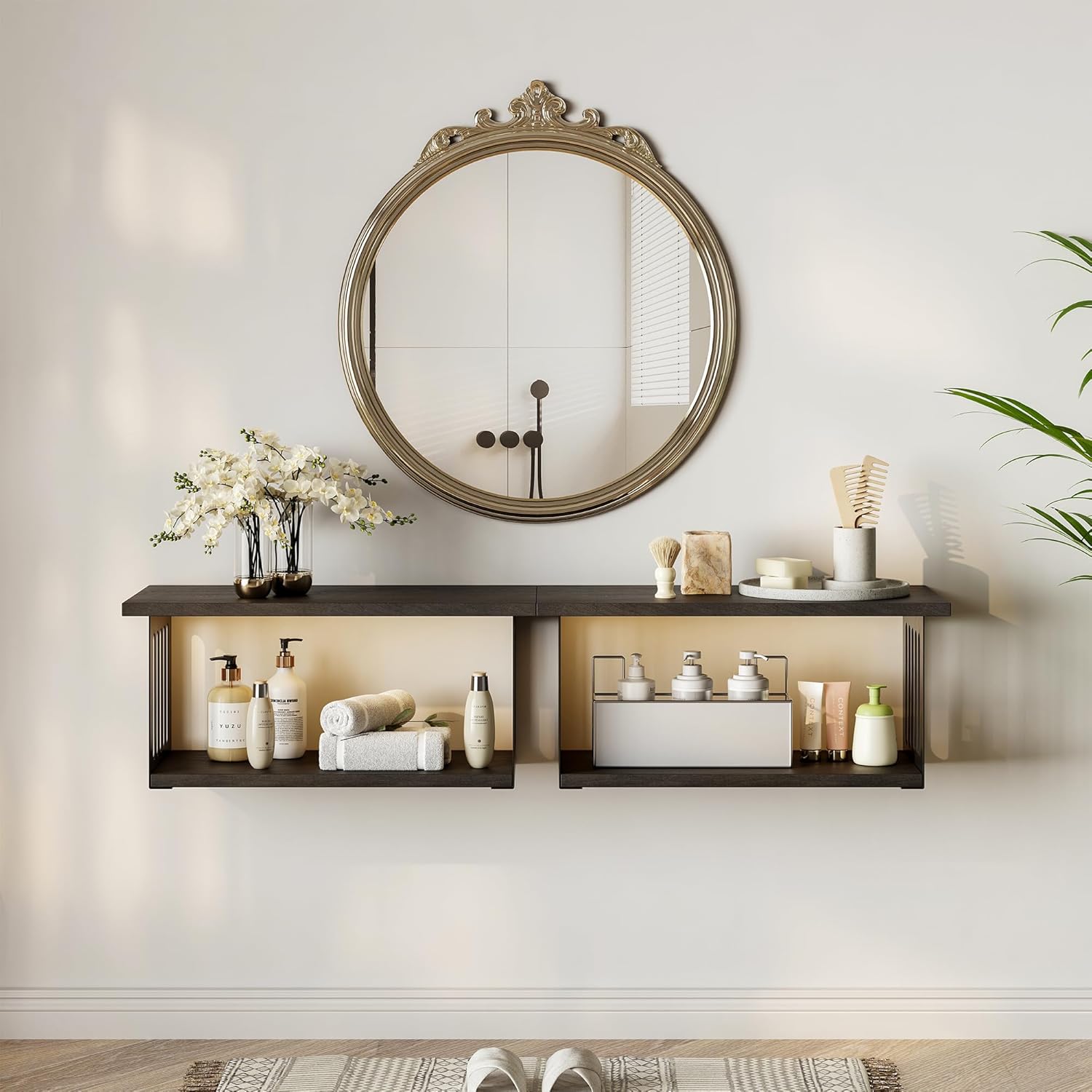 2-Tier Display Wall Shelves,16.8 Inch Floating Shelves Wall Mounted Set of 2,Floating Bookshelves Set of 2 for Living Room, Bathroom, Bedroom, Kitchen, Black