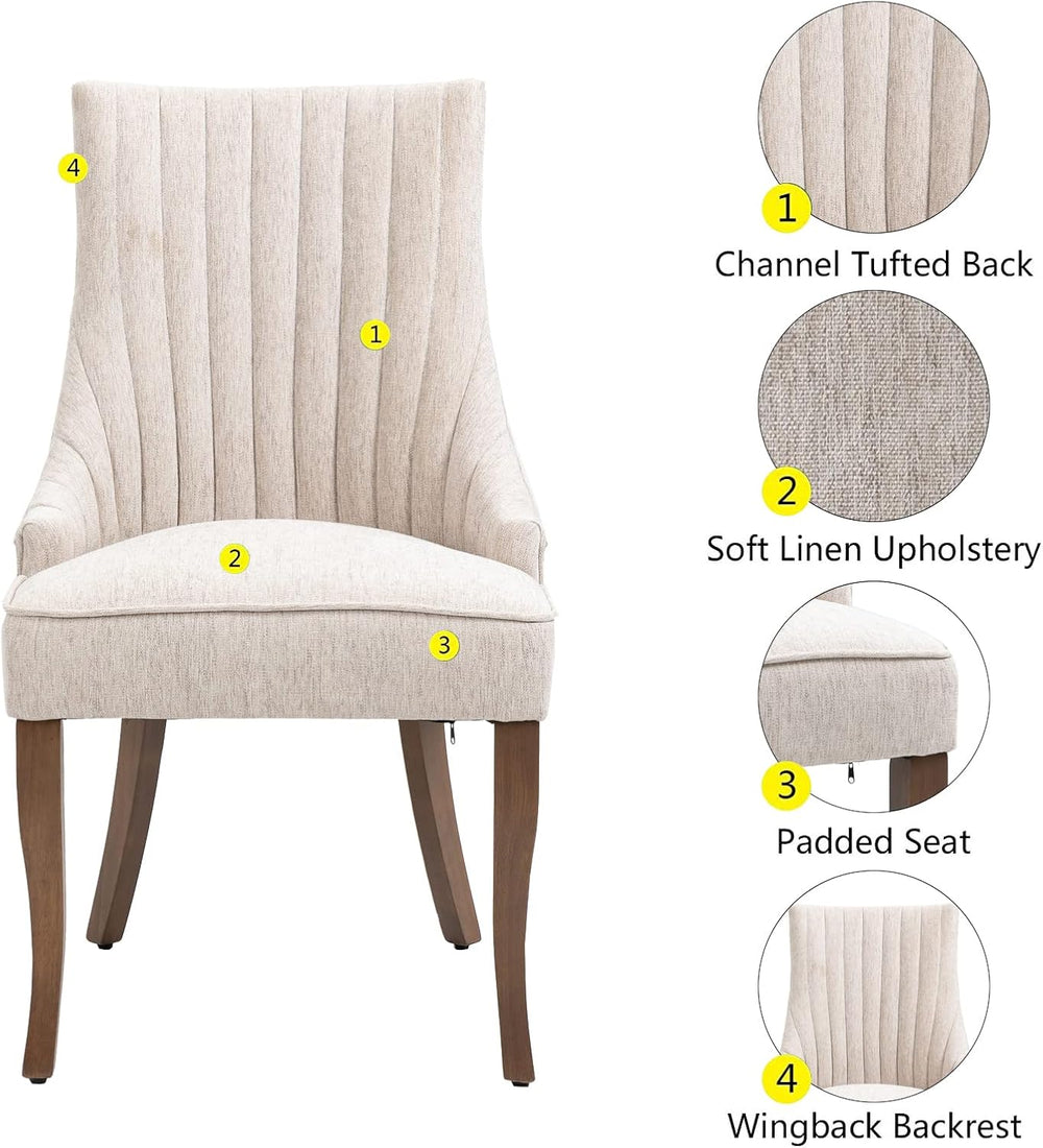 mikibama Linen Beige Dining Chairs Set of 6 Channel Tufted Kitchen Dinner Cha...
