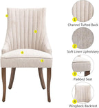 mikibama Linen Dining Chairs Set of 4 Channel Tufted Kitchen Dinner Chair Comfy Fabric Upholstered Accent Chair for Dining Room with Solid Wood Legs (Beige 4pc)