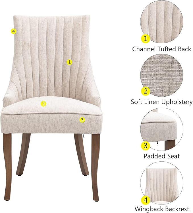 mikibama Linen Dining Chairs Set of 4 Channel Tufted Kitchen Dinner Chair Comfy Fabric Upholstered Accent Chair for Dining Room with Solid Wood Legs (Beige 4pc)