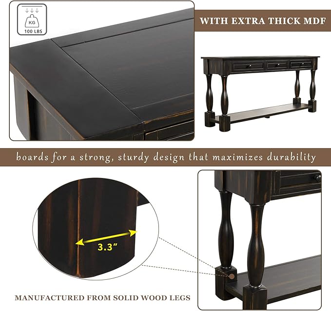 Merax Wood Farmhouse Entry Way Hallway Table with Drawers and Bottom Shelf Narrow Long Sideboard for Living Room (Distressed Black)