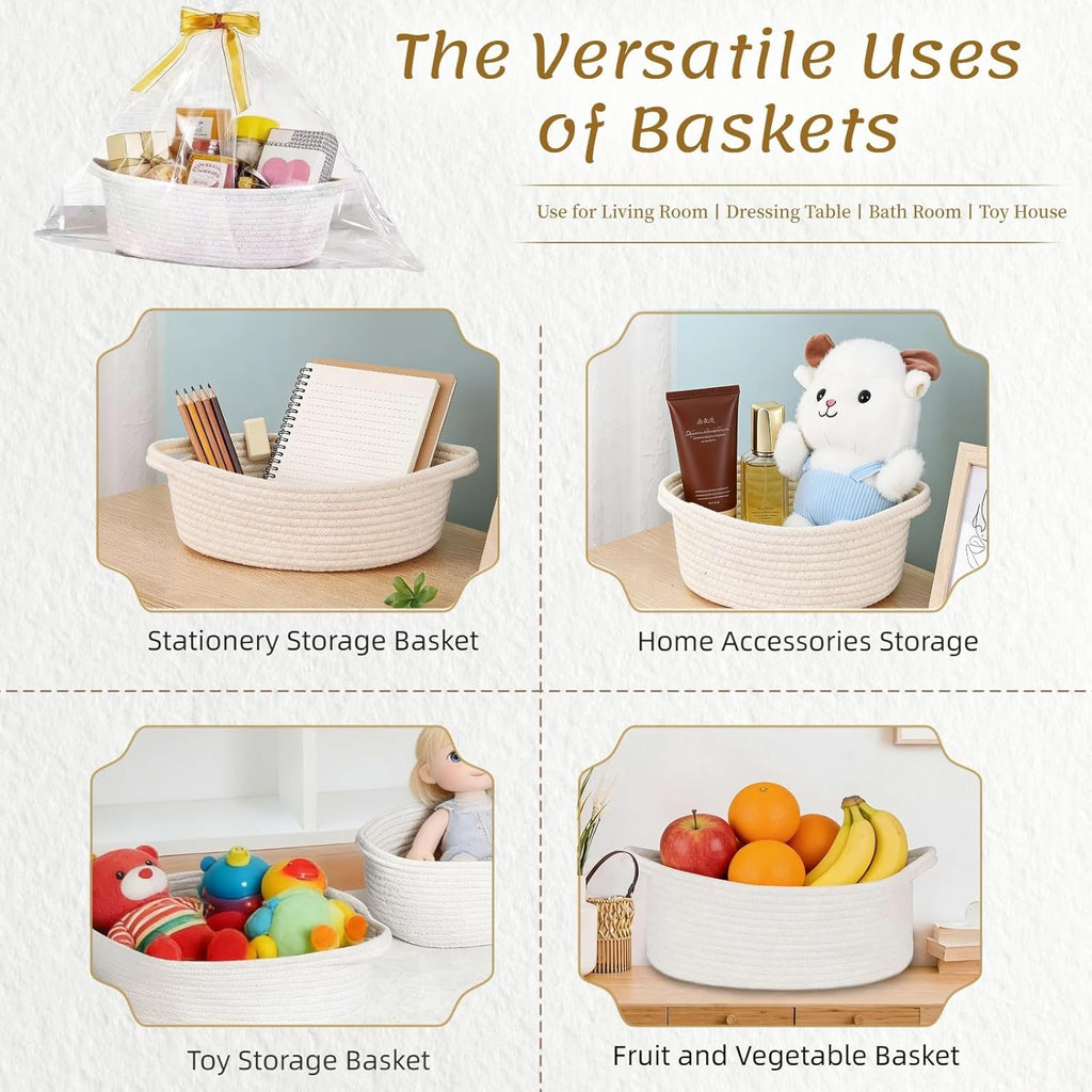 9Pcs Small Woven Basket with Gift Bags and Ribbons, White Cute Cotton Rope Empty Gift Decorative Chest Box, for Baby Nursery Room Shelf Storage, Toy Pet Organizer Basket to Fill, All 12 x 8 x 5 "