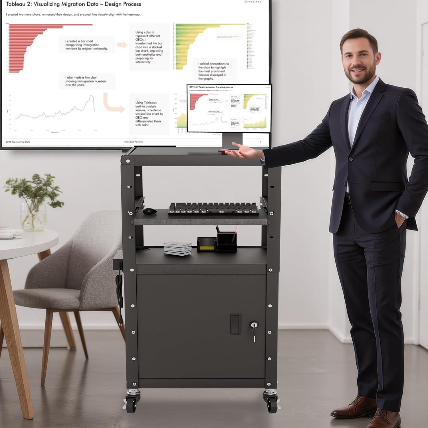 Mobile AV Cart with Cabinet, Rolling Computer Cart Height Adjustable Rolling Media Utility Cart with Extra Storage Space, 4 Outlets, Pullout Keyboard Tray Perfect for Home or Office Use