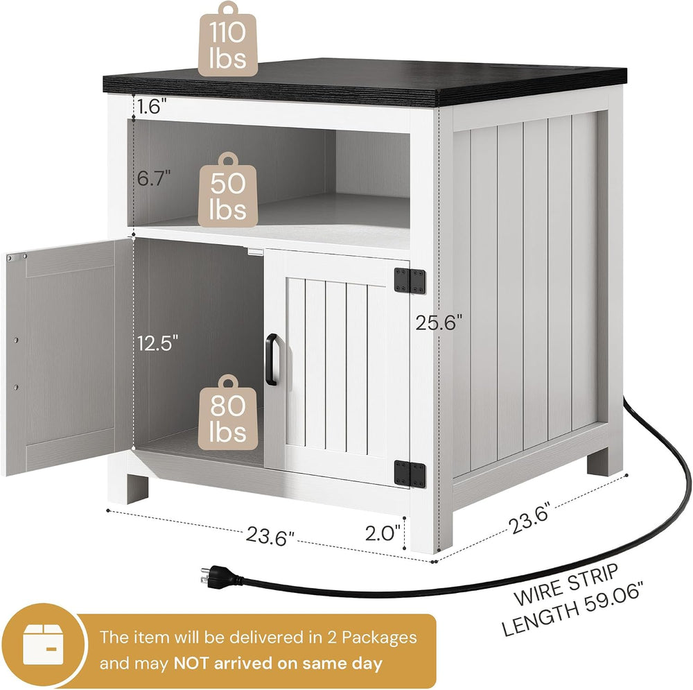 24" Farmhouse End Table Set of 2 with Charging Station, Large Square Sid...