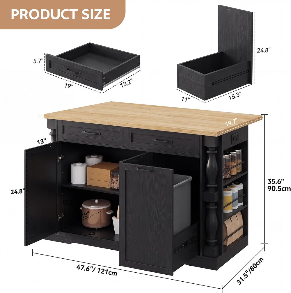 Kitchen Island, 47.6" Kitchen Island with Drop Leaf & Spice Rack, | ...