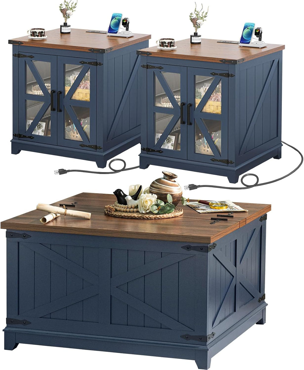 Joaxswe Farmhouse Coffee Table Set 3, End Table and Coffee Table | Blue 24...