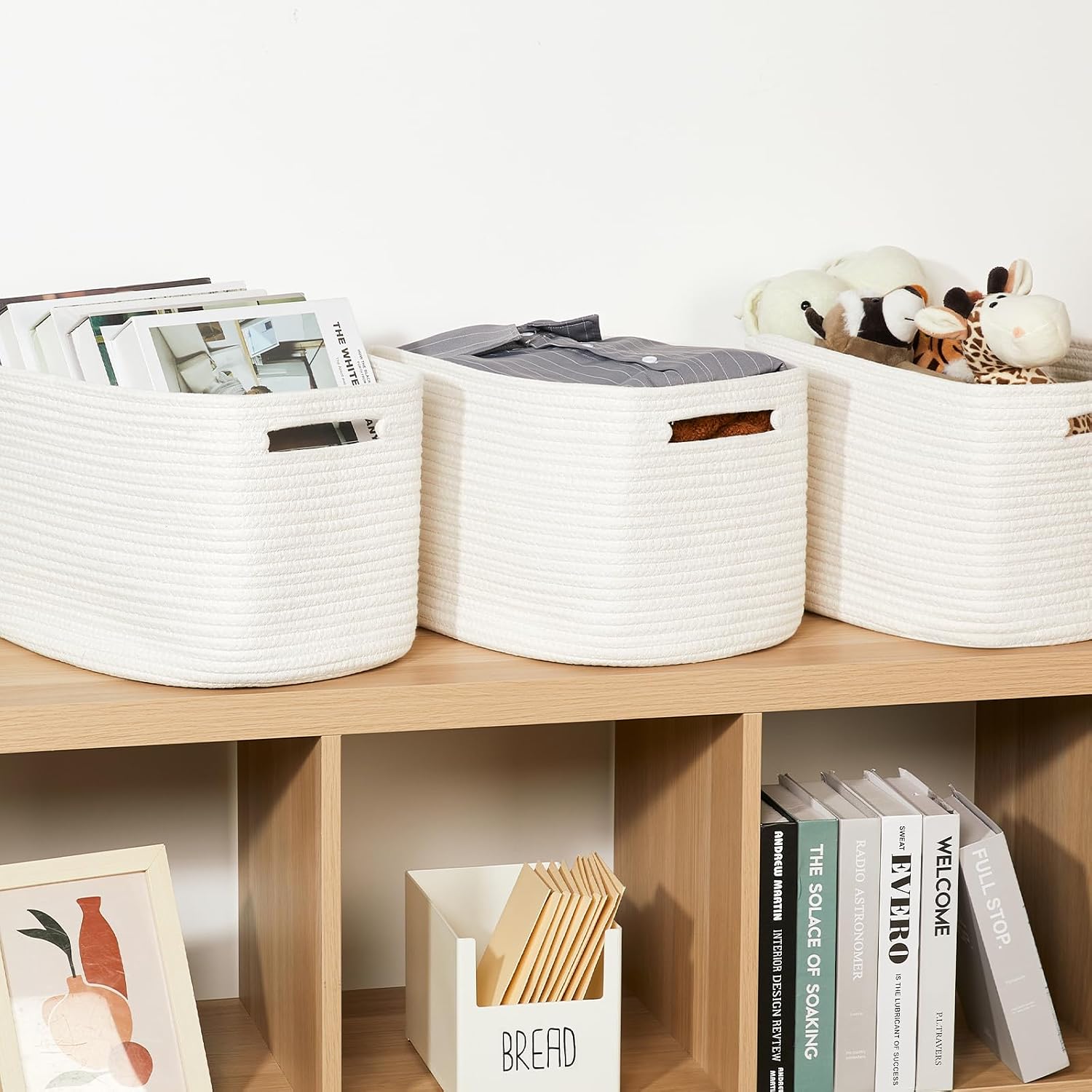 Temary Woven Storage Baskets, Set of 3 Rope Baskets for Storage Clothes, Towels, Versatile Boho Storage Bins (White, 13"x9.8"x8.5")