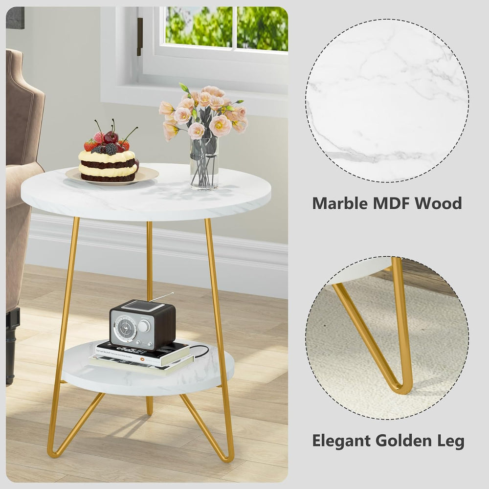 Tribesigns 2 Tier Round Side Table, Faux Marble End Table with Shelf, Small G...