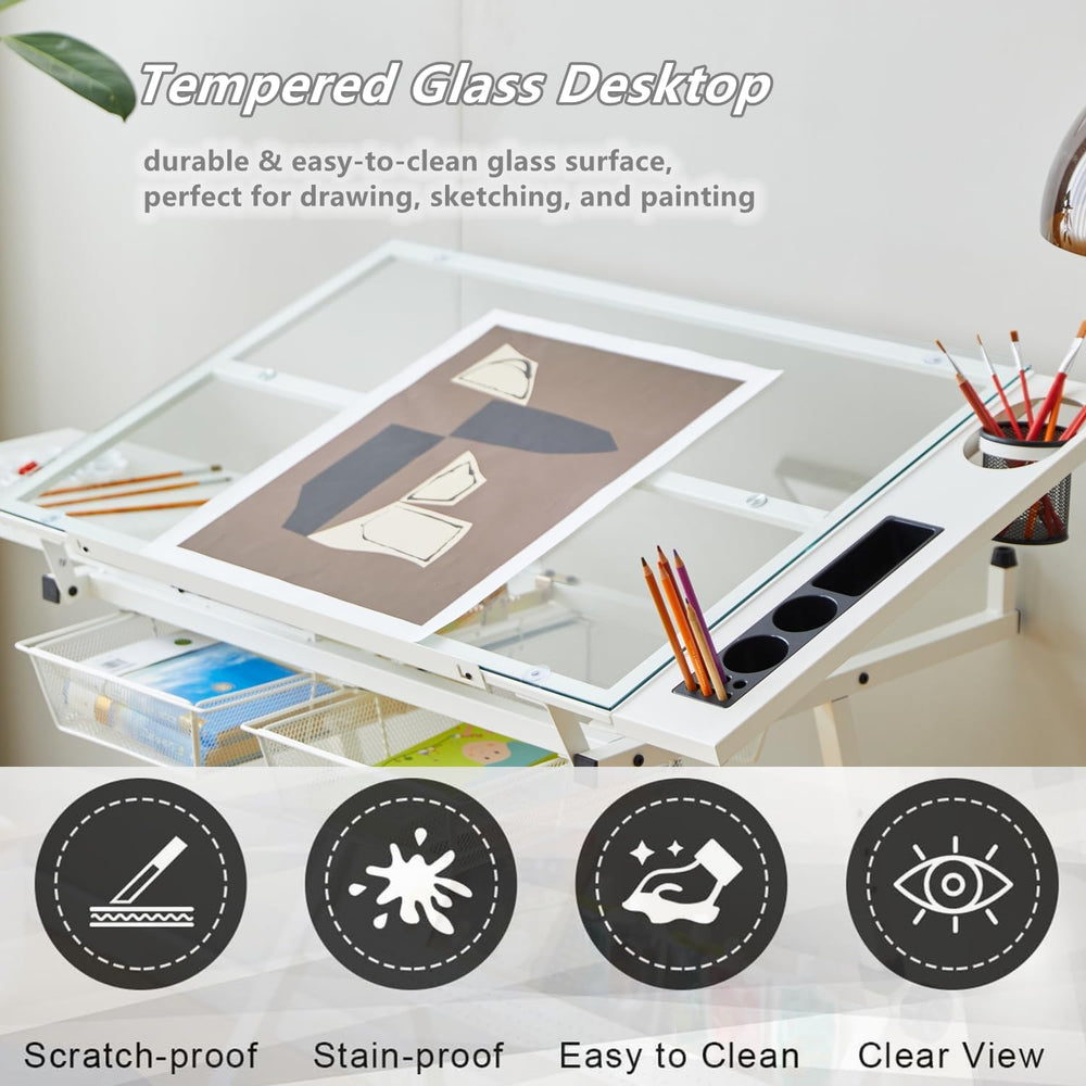 Drafting Table, Height Adjustable Art Tabe with Stool, White | 0-75° Tilting ...