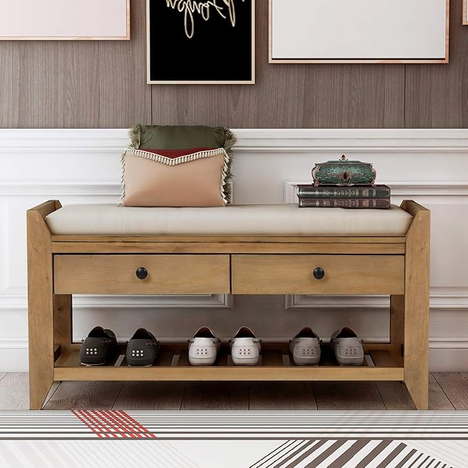 39″ Storage Bench with Cushioned Seat and Drawers,Multipurpose Wooden Entryway Ottoman,Hidden Compartment Organizing Shoe Rack,for Bedroom Hallway Porch,Old Pine