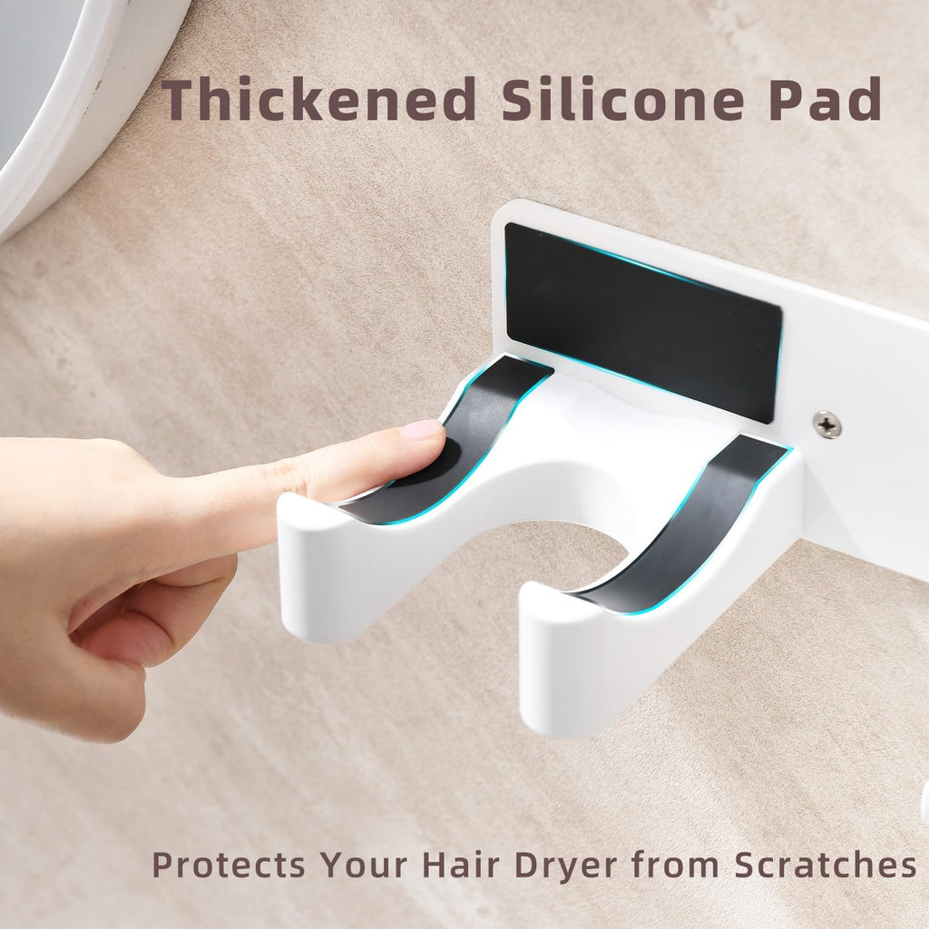 Hair Dryer Holder Wall Mounted, Hair Dryer Organizer Self Adhesive Compatible with Dyson Blow Dryer Holder Aluminum BlowDryer Holder Wall Mounted for Bathroom White
