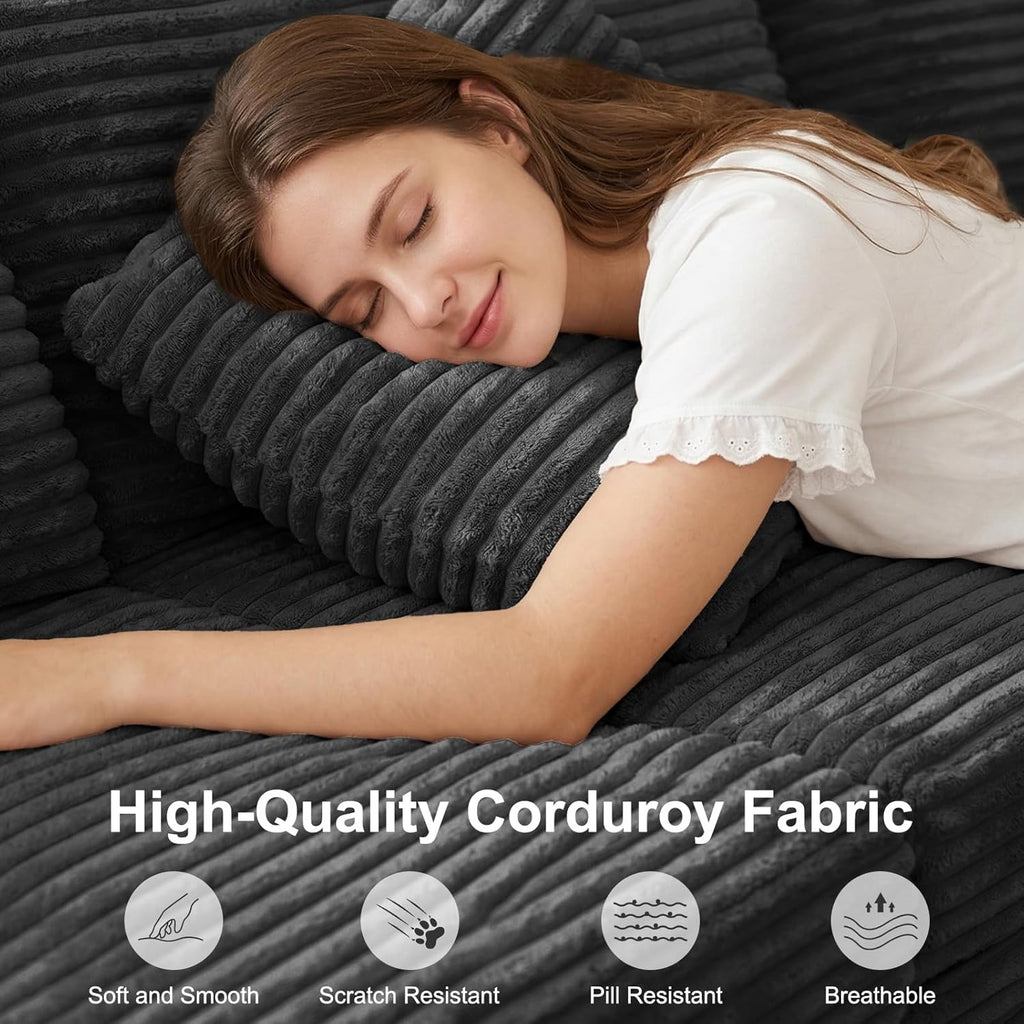142'' Modular Sectional Sofa, Deep Seat Boneless Couch with Storage | Oversized High-Back for Living Room & RV | With Ottoman | High Density Foam & Corduroy | Tool-Free Assembly | Cozy Dark Gray
