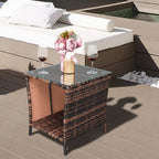 Bonnlo Small Garden Table, Rattan Patio Table with Glass Top & Shelf Under, Weatherproof for Indoor Outdoor, 46x46x50cm Brown