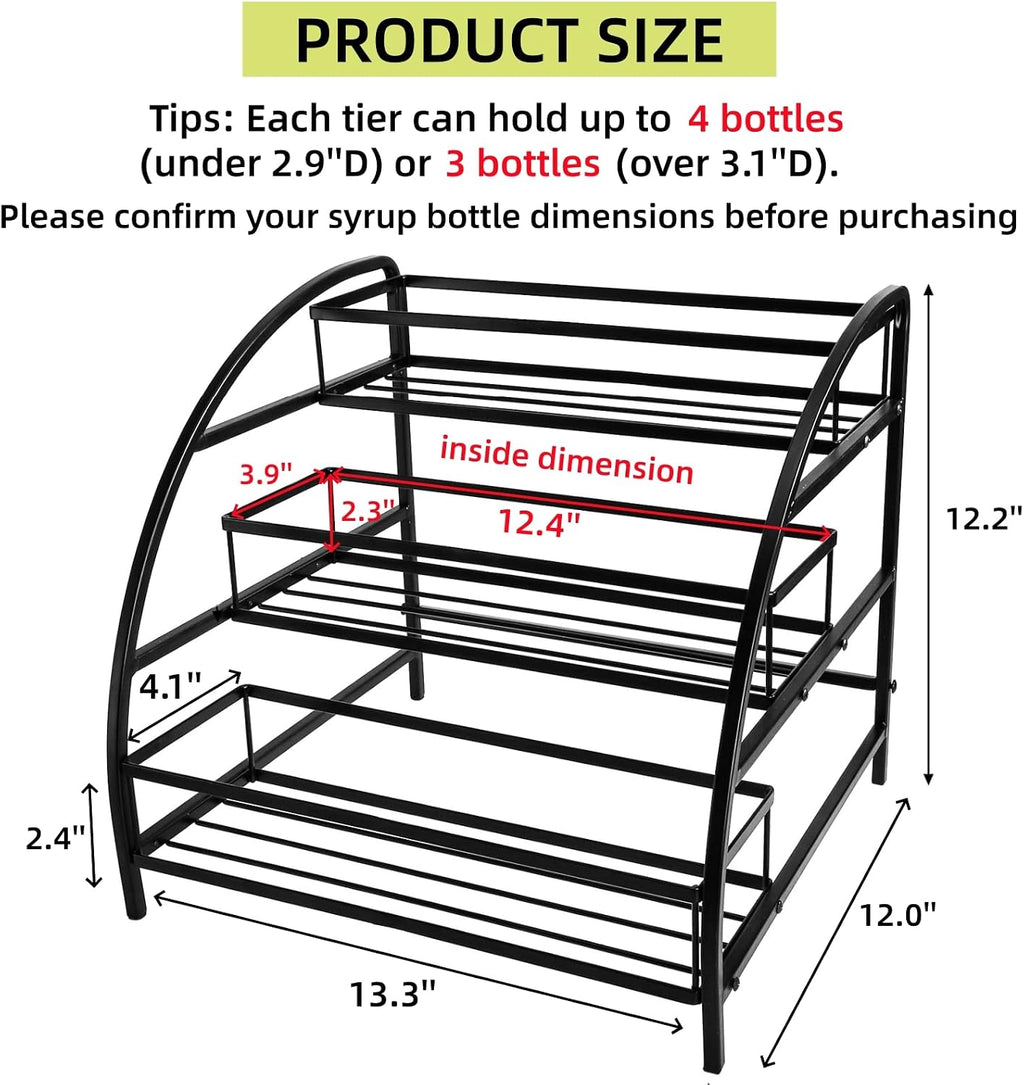 Cididu Coffee Syrup Organizer Rack, 9-12 Bottles Syrup Stand Holder for Countertop, 3 Tier Metal Small Wine Rack, Bottle Storage Shelves for Coffee Bar Station, Kitchen, Spice, Soda, Dressing