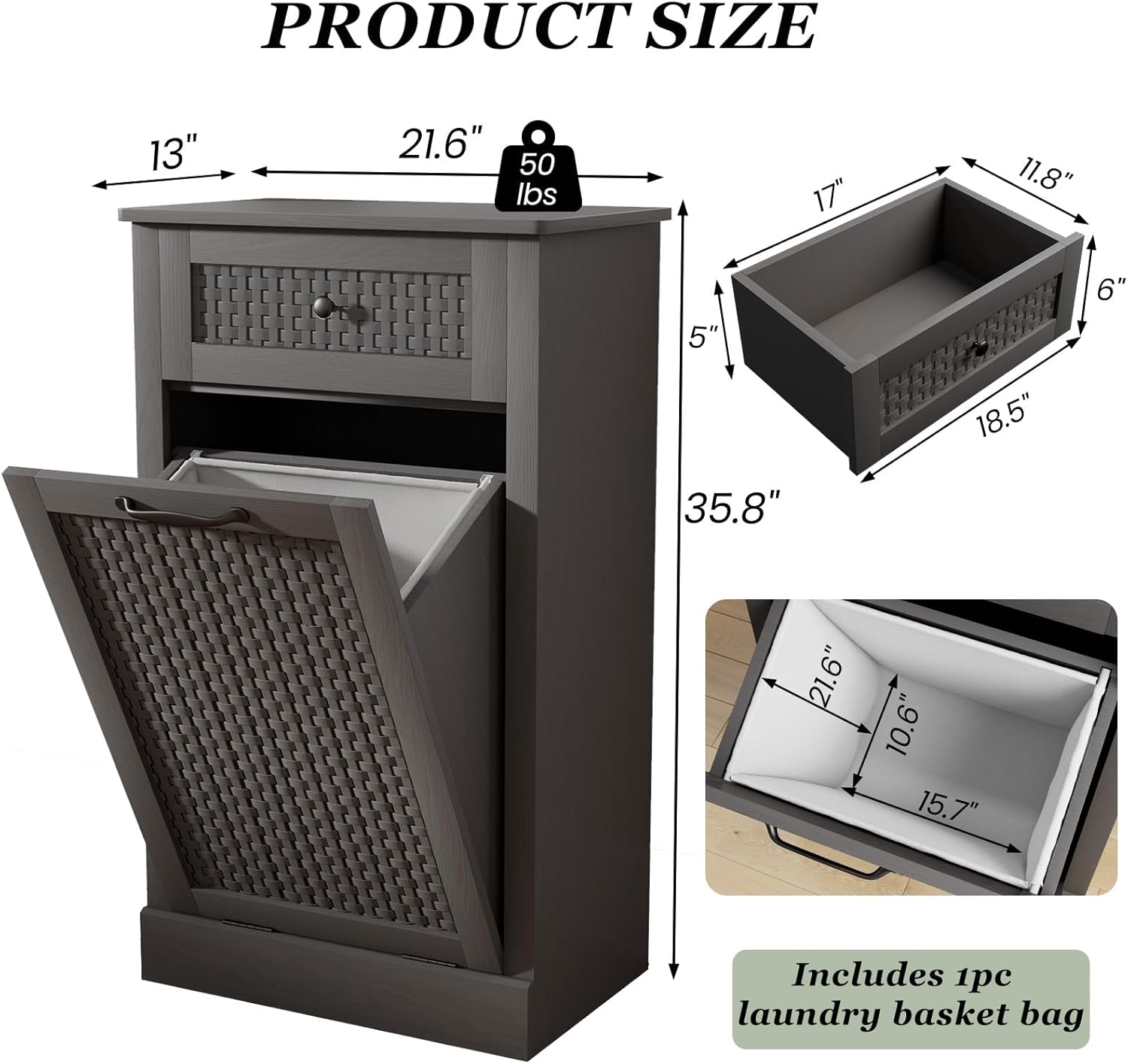 Tilt Out Laundry Hamper Cabinet,10 Gallon Laundry Cabinet with Drawers ＆ Hidden Baskets, Farmhouse Laundry Storage Basket for Laundry Room, Bathroom, Kitchen,Gray