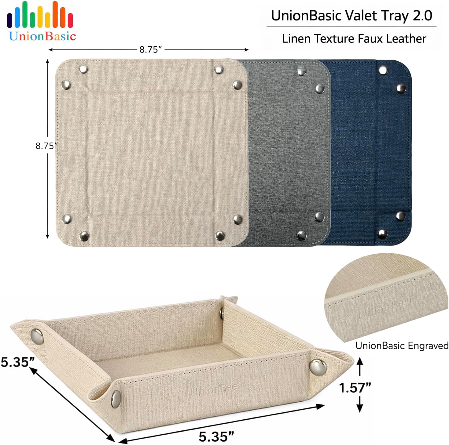 UnionBasic Small Valet Tray, Jewelry Tray for Rings Watches Earrings, Entryway Catchall Caddy for Coins Keys Change, Nightstand Bedside Valet Holder, Trays for Electronic Gadgets, Beige