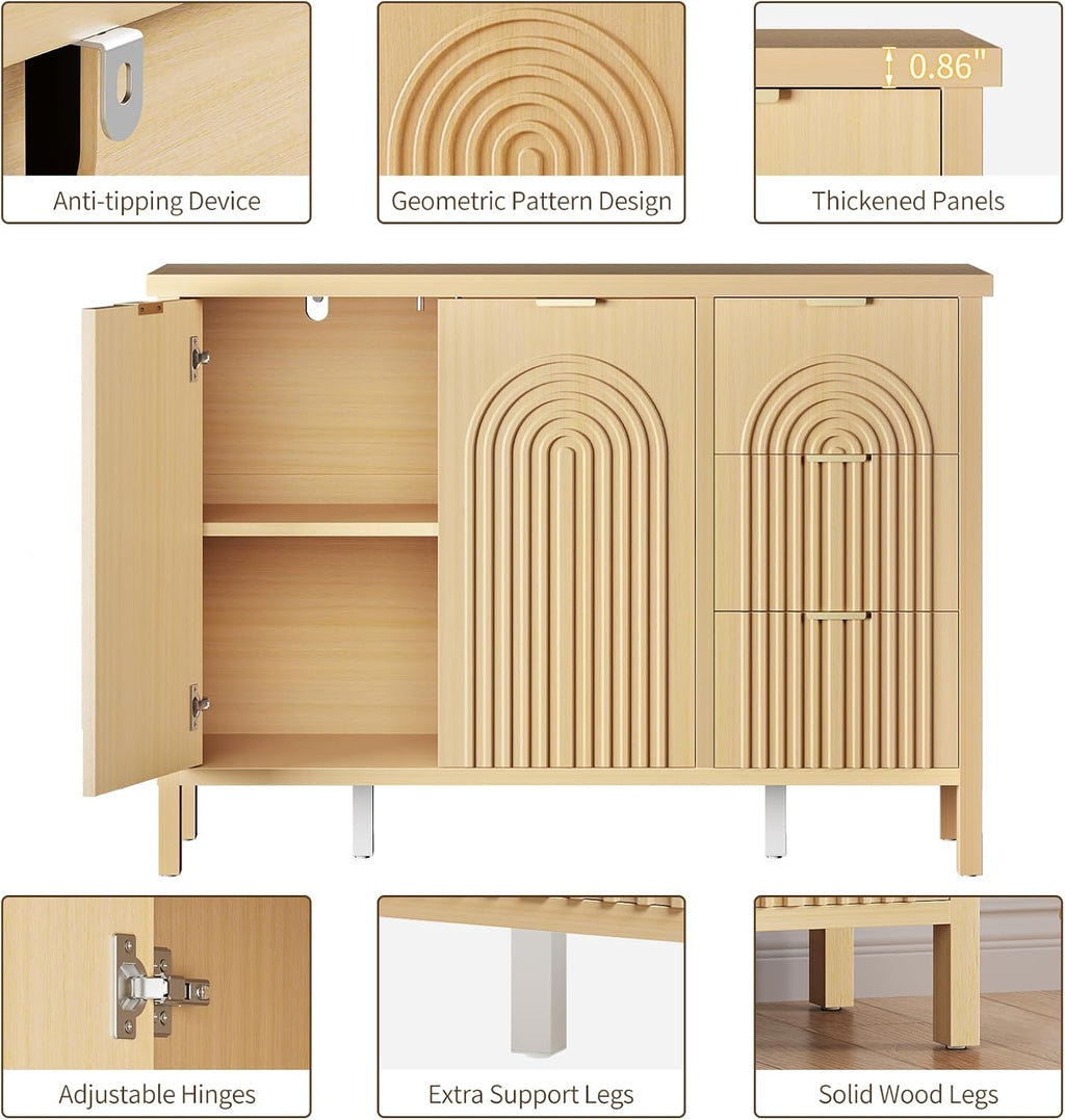 Sideboard Buffet Cabinet with Storage - Fluted Accent Coffee Bar Cabinets Kitchen Credenza with Drawers & Doors, Wood Console Side Board with Adjustable Shelf for Living Room Entryway,Natural