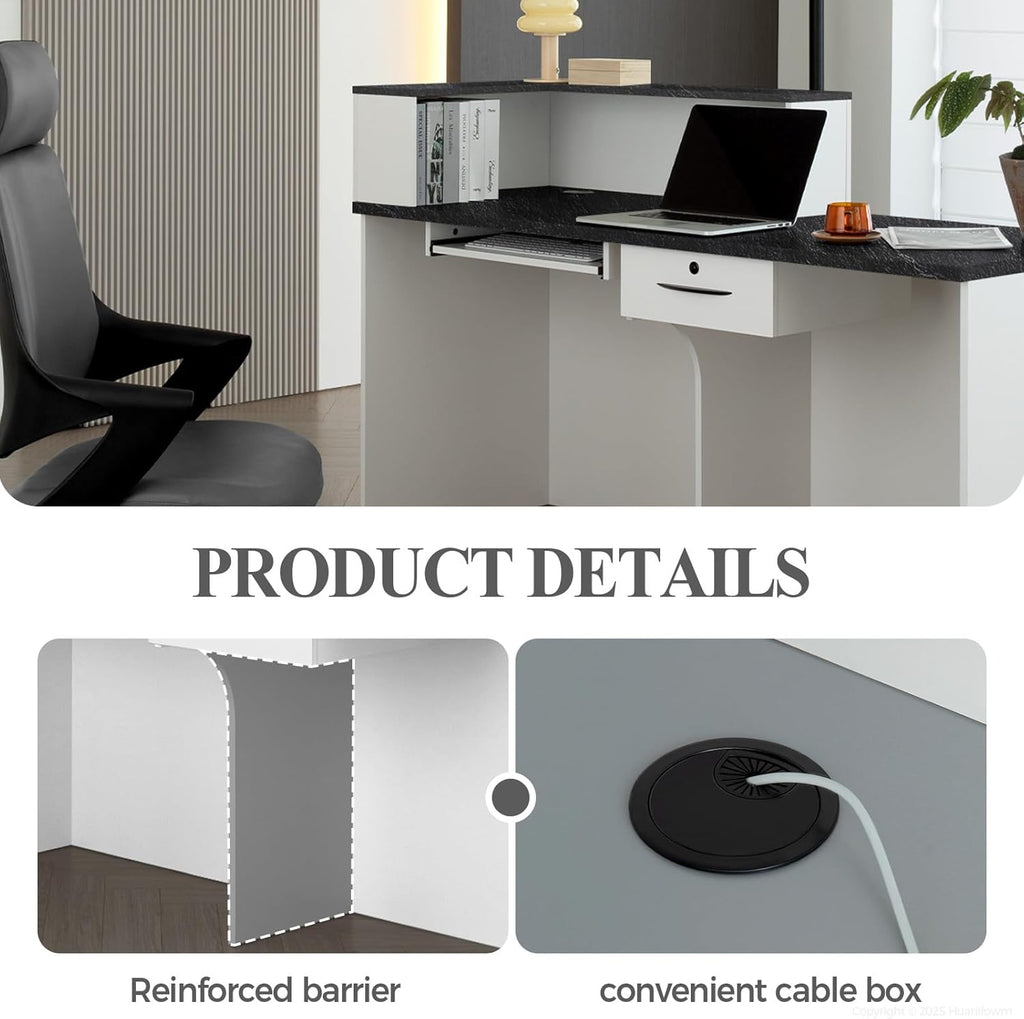 L Shape Reception Desk with Counter, Lockable Drawer, Keyboard Tray, and Double-Layer Storage for Salon, Office, or Clinic (White+Black/Left, 71" L*24" W*39" H)