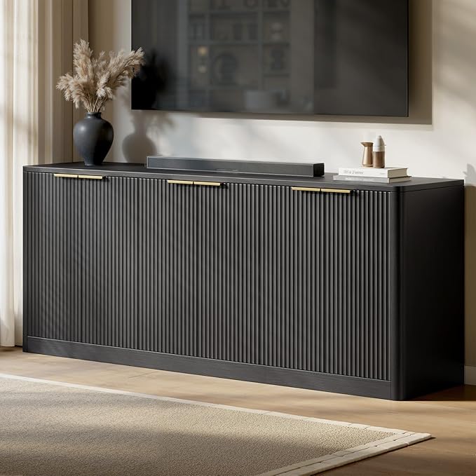Evermagin 67" Black Fluted TV Stand for TVs up tp 75", Mid-Century Modern Entertainment Center with Storage Cabinets and Fluted Doors, Wood Media TV Consoles for Living Room and Bedroom Furniture